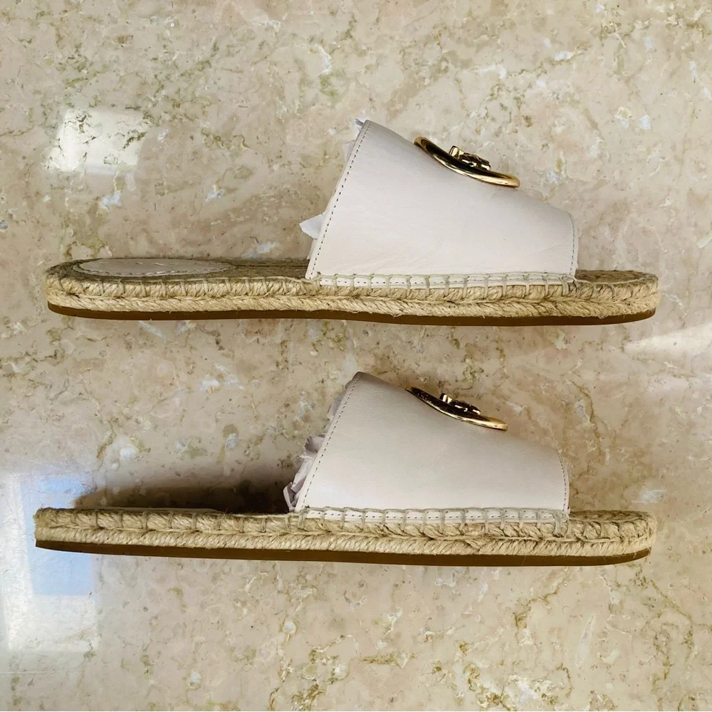 Coach White Leather Espadrille Slide Sandals with Gold Logo